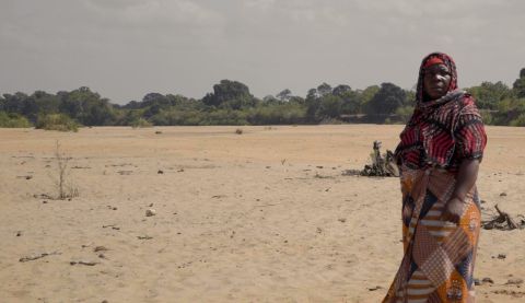 Woman standing on arid land.