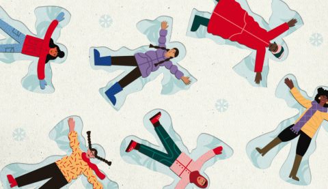 Illustration of women making snow angels in snow