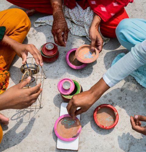 Girls playing on rooftop
