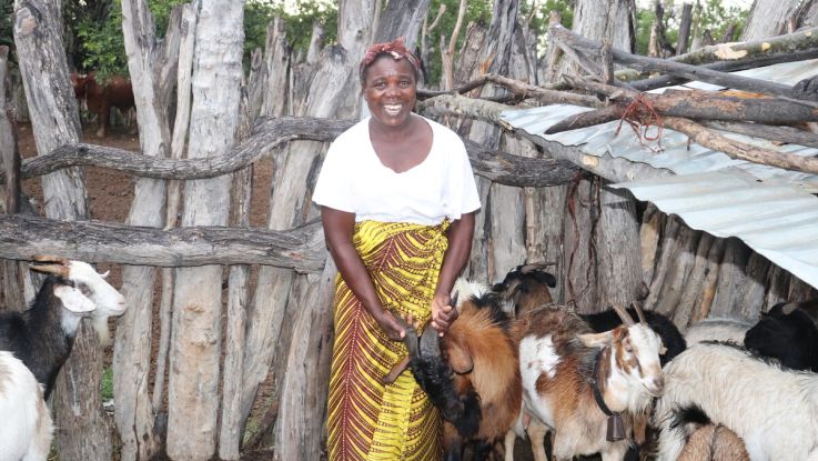 Woman holding goats