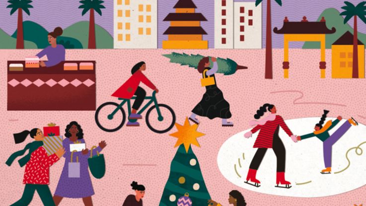 Illustrative depiction of a town at christmas