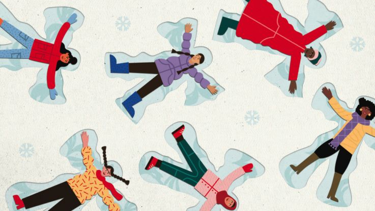 Illustration of women making snow angels in snow